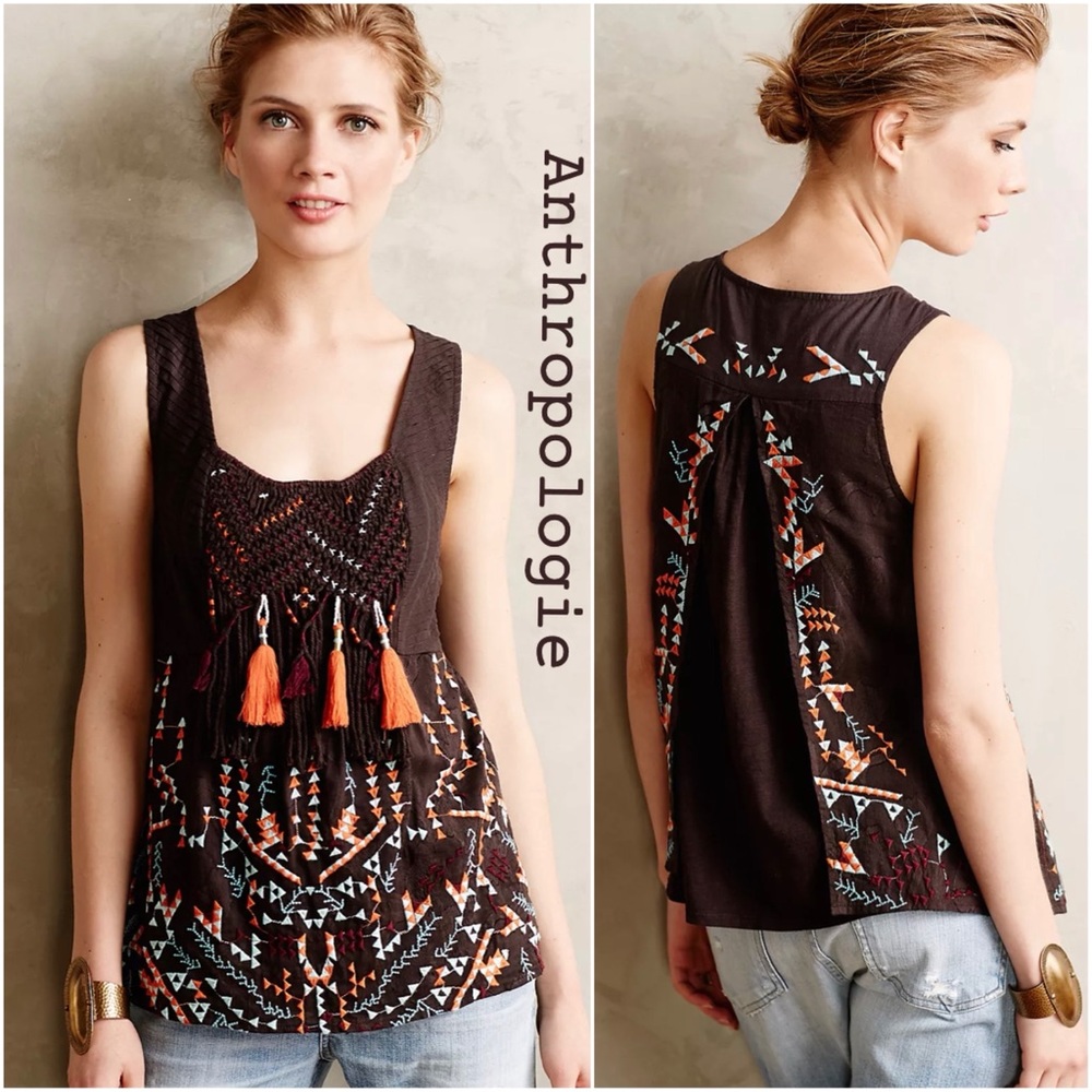 Anthro Akemi+Kin Rigmarole Embroidered Tassel Top